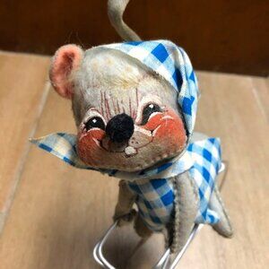 Annalee 9" Mobilitee doll Gray mouse on bicycle with blue gingham top and scarf